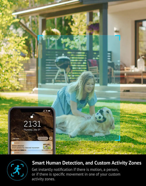 4MP 2K Outdoor Indoor Security Camera With IP65 Weatherproof Housing, Starlight Sensor detects girl playing with dog on grass