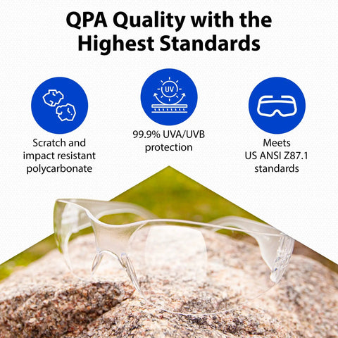 Heavy Duty Anti Fog Tinted Safety Glasses With Polycarbonate Impact Resistant Lenses Built For Construction And Diy Tasks Delivering Tight Wraparound Fit And Legit Eye Protection In A Five Pack Bundle resting on a stone surface, showcasing clear protective lenses.