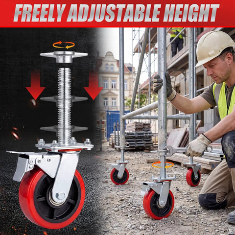 Heavy Duty 4 Pack 6 Inch Adjustable Scaffolding Caster Wheels With Roll Lock Brakes And High Rotation Swivel Design on job site