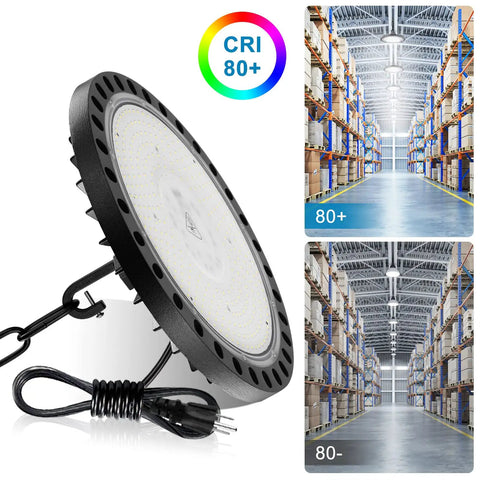 LED High Bay Light 300W Two Pack 5000K UFO LED High Bay Lamps 30000 Lumens With US Plug And 5ft Cable IP65 Waterproof Lighting