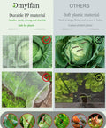 Comparison between durable PP garden mesh netting and soft plastic mesh with examples of protection on plants.