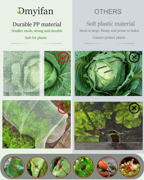 Comparison between durable PP garden mesh netting and soft plastic mesh with examples of protection on plants.