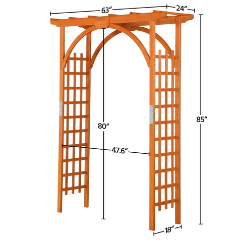 85 Inch Wooden Garden Arch Trellis For Climbing Plants, Outdoor Yard Arbor, shown with dimensions, sturdy brown structure.