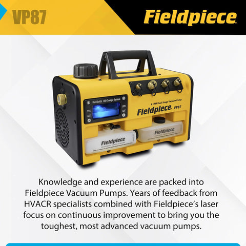 Fieldpiece VP87 vacuum pump with RunQuick oil change system; portable yellow 8 CFM dual‑stage unit with two oil bottles.