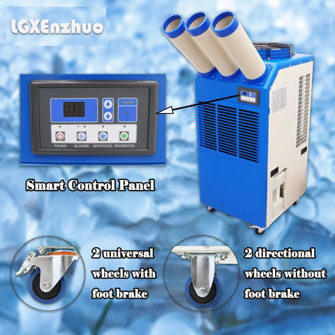 Heavy Duty Portable Air Conditioner 220V Industrial Cooling Unit 22178 Btu with smart control panel and flexible ducts.