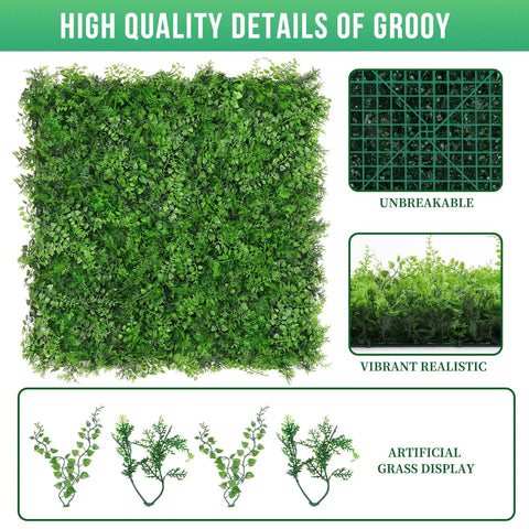 Artificial Hedge Wall Panels 20x20 Inch Boxwood Set, 12 Pieces, Easy Install Greenery Backdrop, details with realistic leaves and grid.