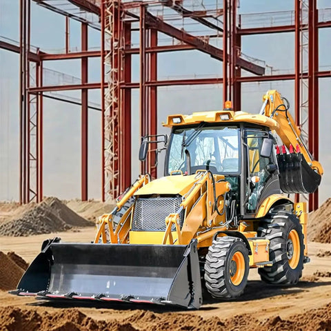 Rugged 4X4 Wheel Backhoe Loader For DIY Landscaping at construction site, showing durable frame and dual-function bucket and backhoe.