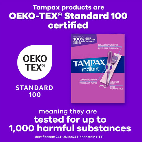 Radiant Tampons For Women Multipack With LeakGuard Braid, Unscented, 112 Count, CleanSeal Wrapper, OEKO-TEX Certified