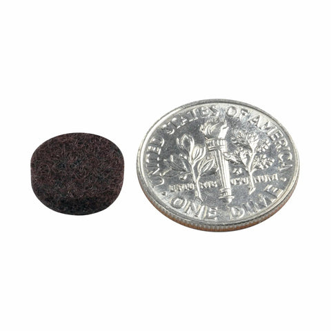 Heavy Duty 3/8 Inch Self Adhesive Felt Pads Round Brown Furniture And Cabinet Bumpers 1000 Pack next to a dime for scale.