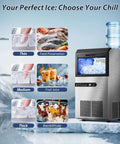 High Efficiency Under Counter Ice Maker, 120 Lbs Per Day, Stainless Steel, 45 Ice Cubes Per Cycle, shown with ice options and drinks