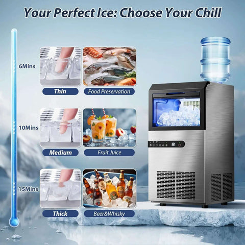 High Efficiency Under Counter Ice Maker, 120 Lbs Per Day, Stainless Steel, 45 Ice Cubes Per Cycle, shown with ice options and drinks