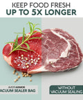 Comparison of a vacuum-sealed steak with herbs using Quart 8x12 Inch Vacuum Sealer Bags 100 Pack For Foodsaver And Seal A Meal Machines Built Tough BPA Free Precut Storage Bags For Sous Vide And Meal Prep and an unsealed steak.