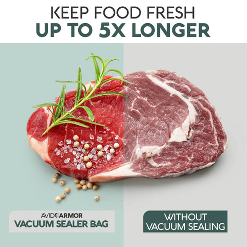 Comparison of a vacuum-sealed steak with herbs using Quart 8x12 Inch Vacuum Sealer Bags 100 Pack For Foodsaver And Seal A Meal Machines Built Tough BPA Free Precut Storage Bags For Sous Vide And Meal Prep and an unsealed steak.