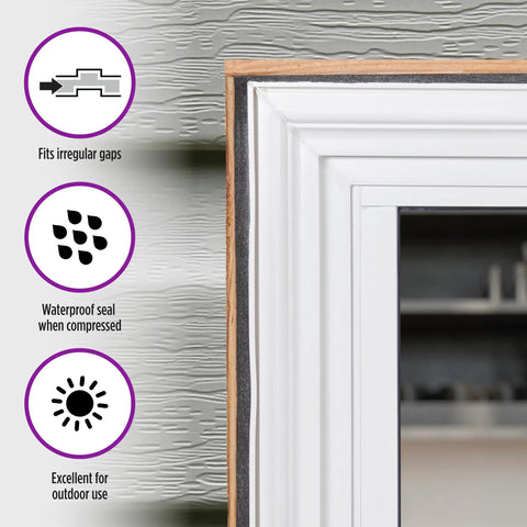 Expandable Foam Platinum Weatherseal for Uneven Gaps Black Window Seal and Weatherstripping shown sealing a window edge