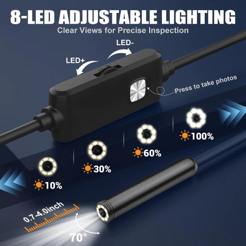 1920P HD Endoscope Camera With Light For Tight Spaces, Ultra Slim 8.5mm Borescope For Pipes, Engines, Walls And Tiny Crevices, Clear View, Handy Illumination, Pro Grade Inspection Tool, adjustable 8-LED lighting control