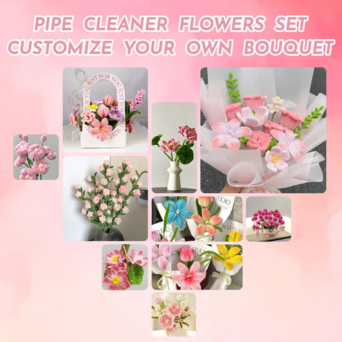 Display of bouquets made with the Ultimate Pipe Cleaners Craft Kit For DIY Flowers 400 Chenille Stems in Pink and Green.