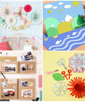 Collage of crafts including paper decorations, scrapbook, and handmade paper flowers for parties and creative projects.
