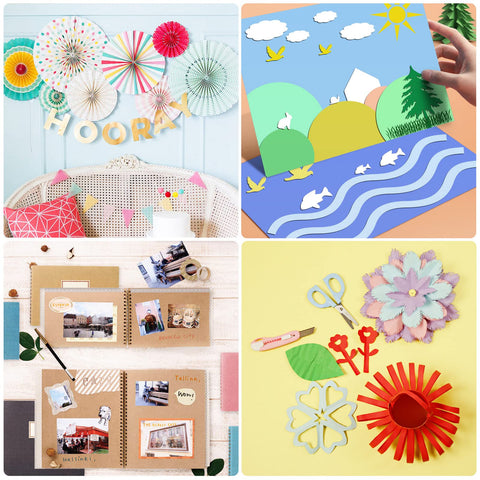 Collage of crafts including paper decorations, scrapbook, and handmade paper flowers for parties and creative projects.