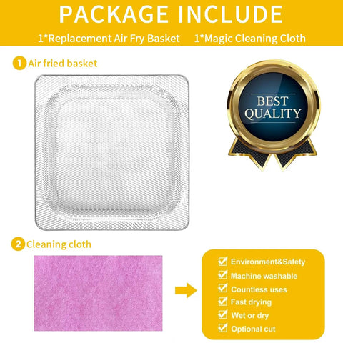 Package contents showing replacement air fryer basket and cleaning cloth for SP100 SP101 convection oven.