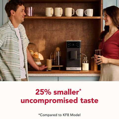 Compact Fully Automatic Espresso And Iced Coffee Maker With One Touch Brewing High Pressure Pump and Rapid Milk Frother on a kitchen counter.
