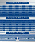 Chart showing compatibility of Dryer Heating Element Kit for Duet and Bravos XL 5400 Watt with various dryer models.