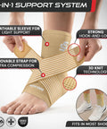 Ankle Brace For Sprains And Plantar Fasciitis Relief, Adjustable Compression Sleeve With Removable Strap, Pair Beige 10-12 Inches