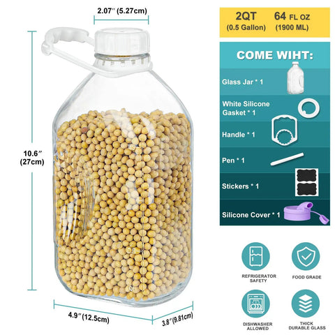64 Oz Heavy Duty Glass Milk Bottle With Airtight Screw Cap Reusable One Half Gallon Water Bottle With Scale Lines filled with beans