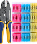 Front view: haisstronica HS-8327 crimping tool beside a case of pink, blue and yellow heat shrink butt connectors