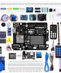 Uno R4 WiFi Starter Kit For Beginners That Plays Nice With Arduino IDE Includes 32 Bit Renesas RA4M1 Processor USB C Connectivity Built In WiFi And Bluetooth 8x12 LED Matrix Qwiic Connector For STEM Projects And Hands On Learning. Arduino kit with board, sensors, breadboard, jumper wires