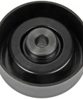Front view of black automotive belt idler pulley with central threaded bore