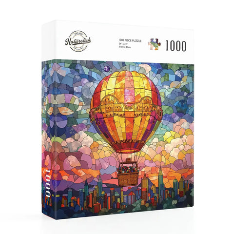 Stained Glass Hot Air Balloon 1000 Piece Jigsaw Puzzle City In The Clouds Scene That Slaps For Game Night And Gift Giving box