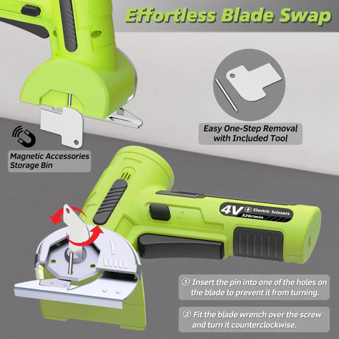 Upgraded Cordless Electric Scissors With Wider Opening And Large 1.84 Inch Tungsten Blade For Heavy Duty Cardboard Cutting. 320RPM Rotary Cutter With LED Display Perfect For Fabric Leather And DIY Projects In Green Finish That Lasts with magnetic accessory storage.