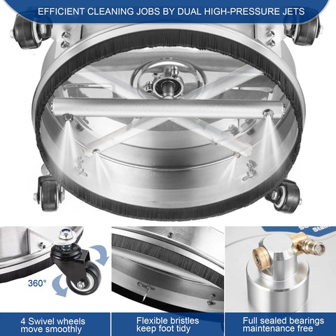 Underside view of 16.5 Inch Pressure Washer Surface Cleaner With Four Wheels 1/4 Inch Quick Connect Stainless Steel Attachment Beast Tough Build Works With 2300-4000 PSI Min Flow 1.8 GPM Cleans Fast And Easy