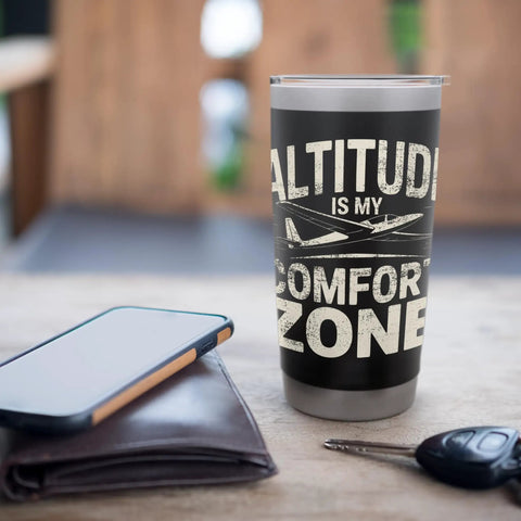 Glider Pilot Insulated Stainless Steel Tumbler For Soaring Club Members And Sailplane Fans on table with phone and keys
