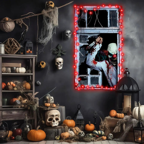 Haunting Halloween Window Curtain With 16.4 Ft LED Lights, Creepy Clown Backdrop And Joker Poster Decor For Doors And Walls