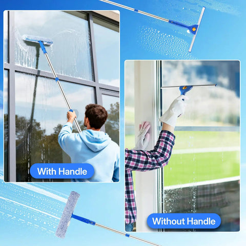 Pro Grade Window Cleaning Kit With 3 Gallon Bucket, 76 Inch Long Handle Squeegee, Microfiber Scrubber, Replaceable Sleeve, And 5 Stainless Poles, Perfect For Commercial, Home, Outdoor, And Car Windows; shows usage with and without handle.