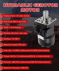 CM004P Hydraulic Motor Built Tough For Heavy Duty Performance with 1 inch keyway and four hole flange displayed on specs background
