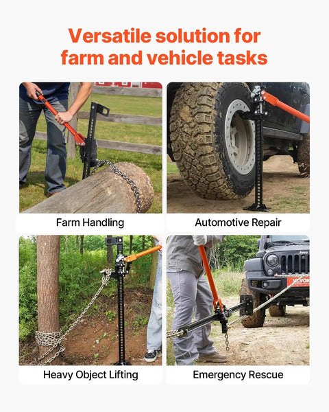 VEVOR 42 Inch Farm Jack 7000 Lbs High Lift Utility Ratchet Off Road Heavy Duty Truck Tractor SUV Jeep Recovery Winch Clamp Pull Tool 5-36 In Range used for farm handling.