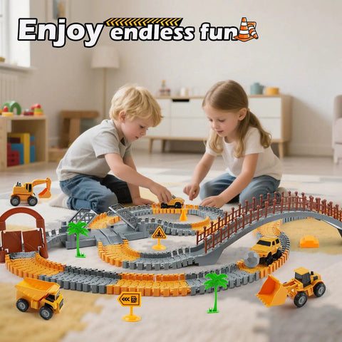 Children playing with Construction Race Car Track Set For Kids With Flexible Bendable Tracks And 2 Electric Cars DIY Road