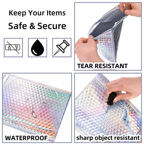 Dope Metallic Bubble Mailers Set, 50 Self Seal Padded Envelopes, shown resisting tear and sharp objects, holographic design