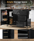 54 Inch Farmhouse Kitchen Cart Featuring A Nifty Power Outlet And Hefty Storage Space With Smooth Rolling Lockable Wheels And Sleek Black Finish, showcasing ample storage with drawers and internal rack.