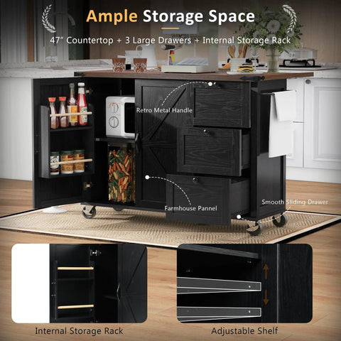 54 Inch Farmhouse Kitchen Cart Featuring A Nifty Power Outlet And Hefty Storage Space With Smooth Rolling Lockable Wheels And Sleek Black Finish, showcasing ample storage with drawers and internal rack.