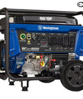 Gas Powered Portable Backup Generator With Remote Start And Auto Choke, 12500 Peak Watts, with controls and outlets visible.