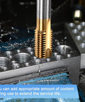 Four Pack M2x0.4mm Metric Thread Taps With Titanium Coated HSS Steel 44mm in use on metal with coolant applied.