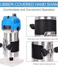 Compact Palm Router Kit For Woodworking With 800W 110V Electric Trimmer, showing rubber-covered hand shank and locking knob.