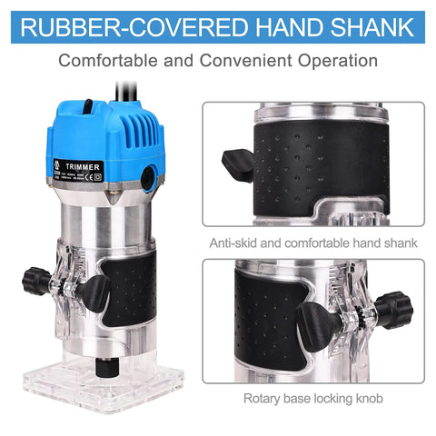Compact Palm Router Kit For Woodworking With 800W 110V Electric Trimmer, showing rubber-covered hand shank and locking knob.