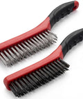 Heavy Duty Wire Brush Set Two Piece With 10 Inch Curved Plastic Handles Carbon Steel And Stainless Steel Heads For Rust And Paint Removal Welding Prep And Metal Cleaning, showing ergonomic design for metal cleaning.