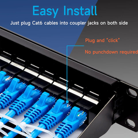 24 Port RJ45 Patch Panel Cat6 Pass Through Patch Panel 19 Inch Inline Keystone Ethernet Network Panel Easy Install
