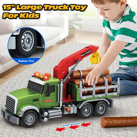 Child playing with 15-inch Farm Logging Truck Toy with Loading Crane and 6 Wood Trunks, featuring lights and sounds, carpet setting.