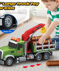 Child playing with Timber Truck Toy Set With Loading Crane Lights And Sounds For Kids Aged 3 To 8 on carpet floor